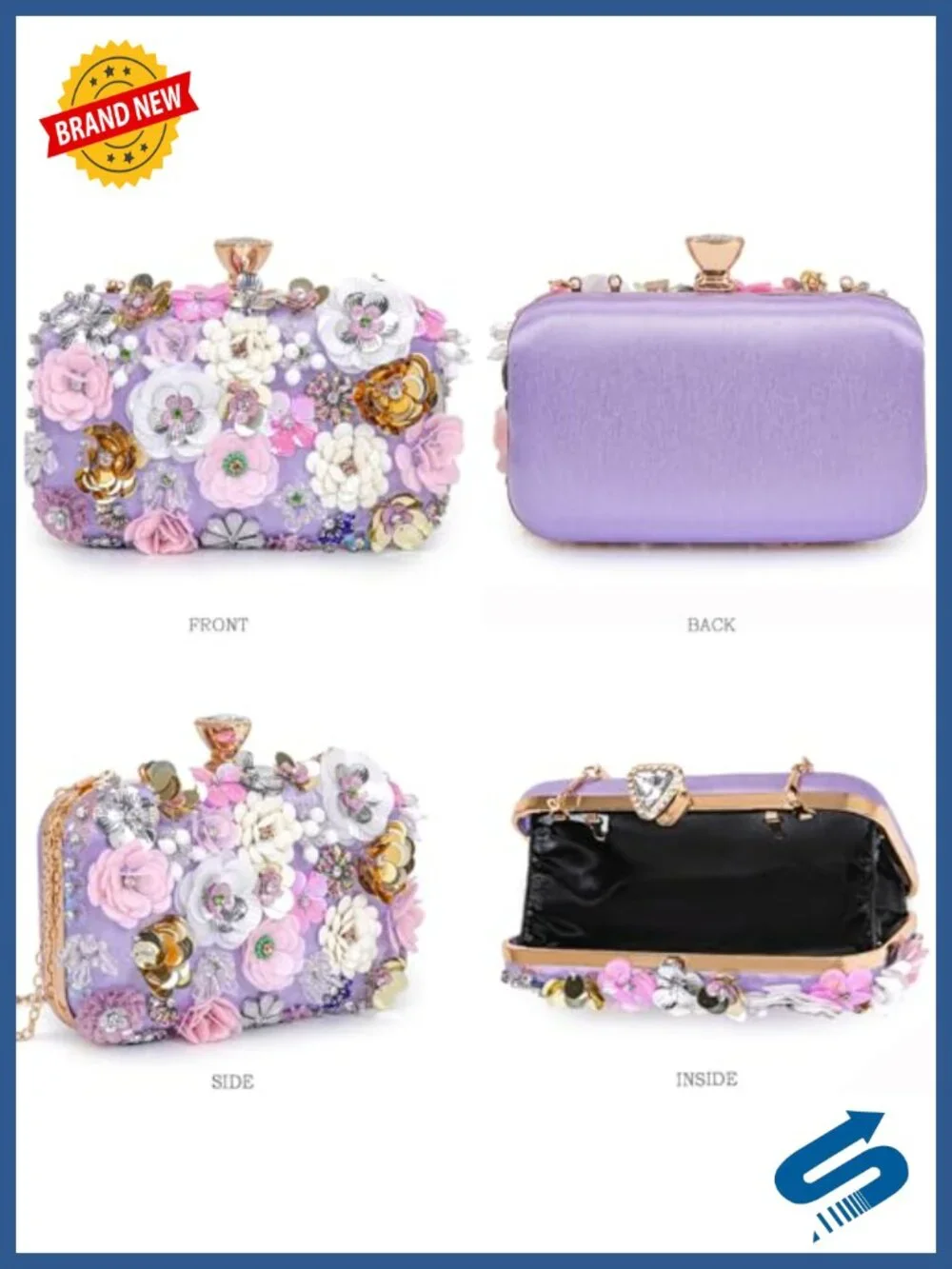 PU Leather Floral Clutch Evening Bag with Chain Strap